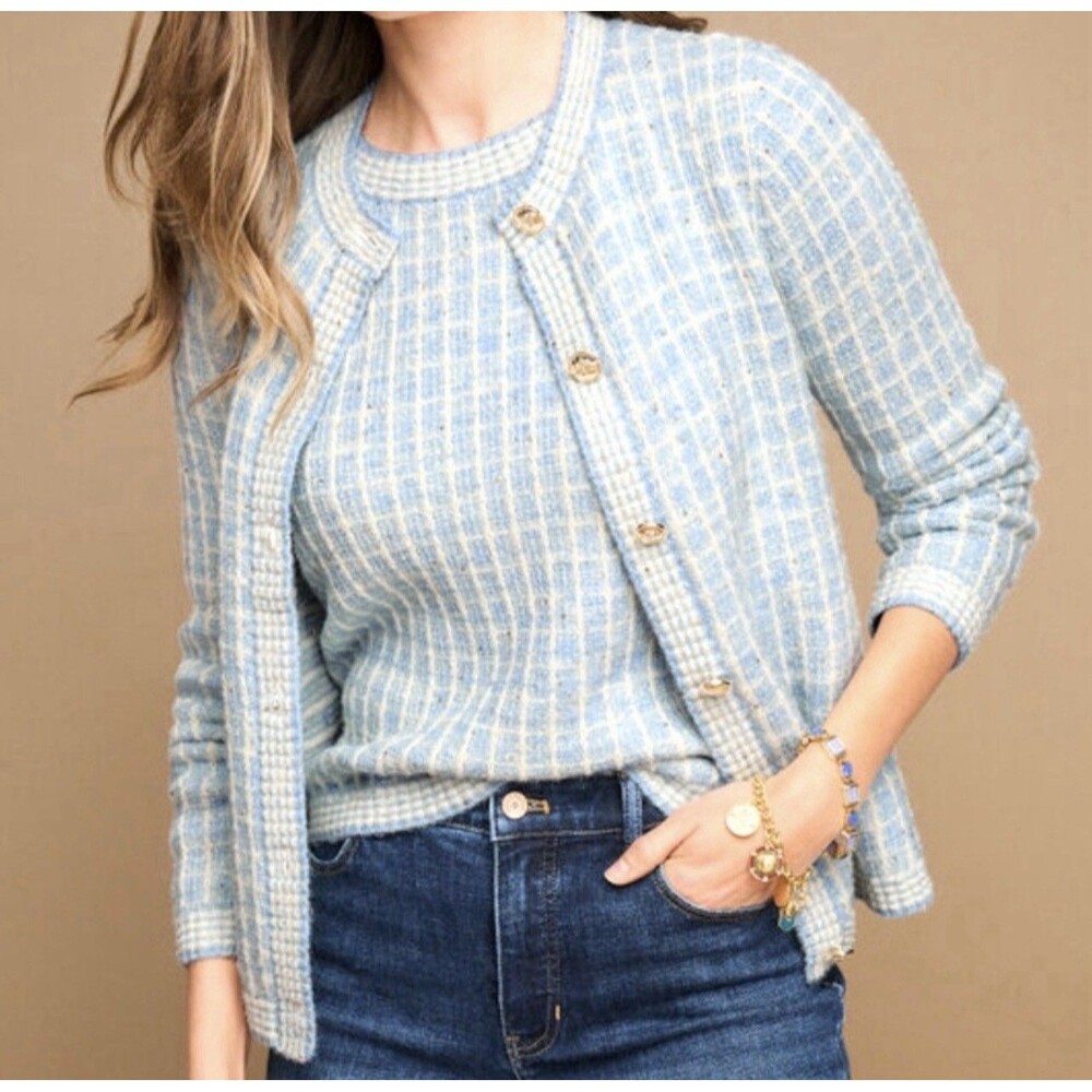 Talbots 2 Piece Set Sz S Small Blue White Sweater Knit Jacket Top Metallic Gold
